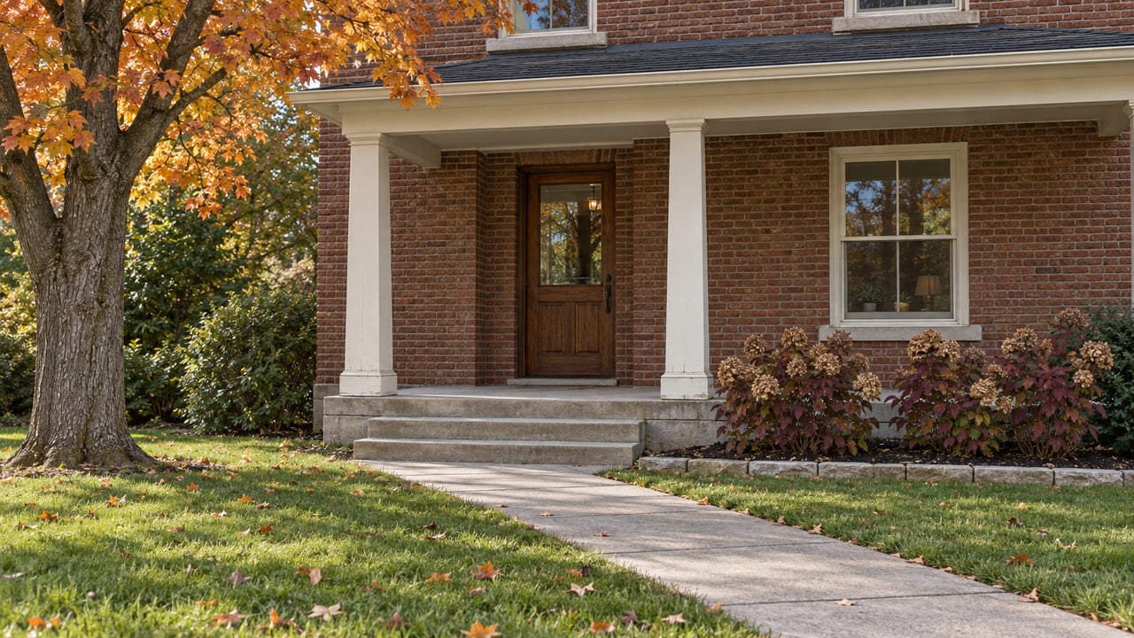 Autumn morning light on a brick home's covered porch, concrete approach and lawn beneath an orange-leaved sugar maple.