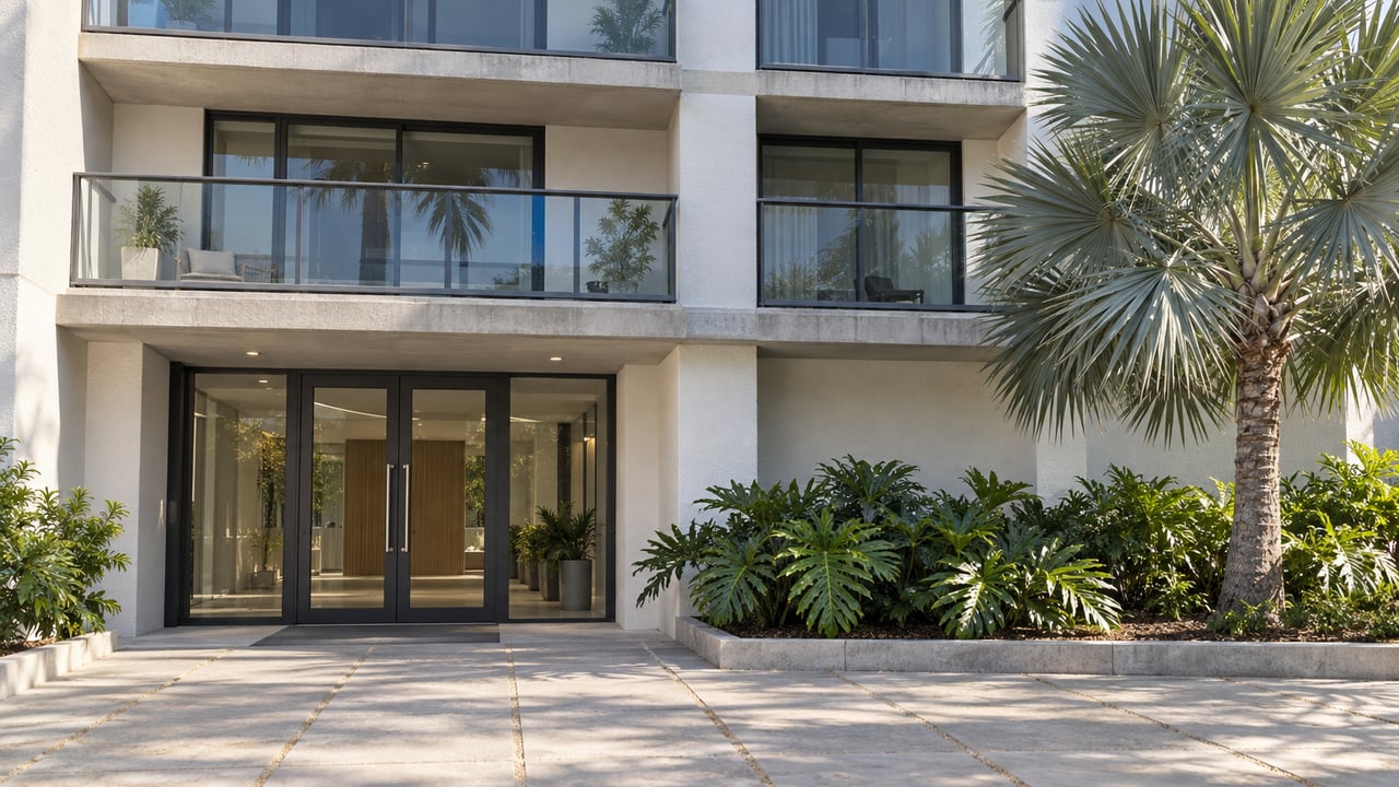Sunlit condominium entrance with white stucco, charcoal-framed glass doors, stacked balconies and a silver thatch palm beside pale concrete paving.