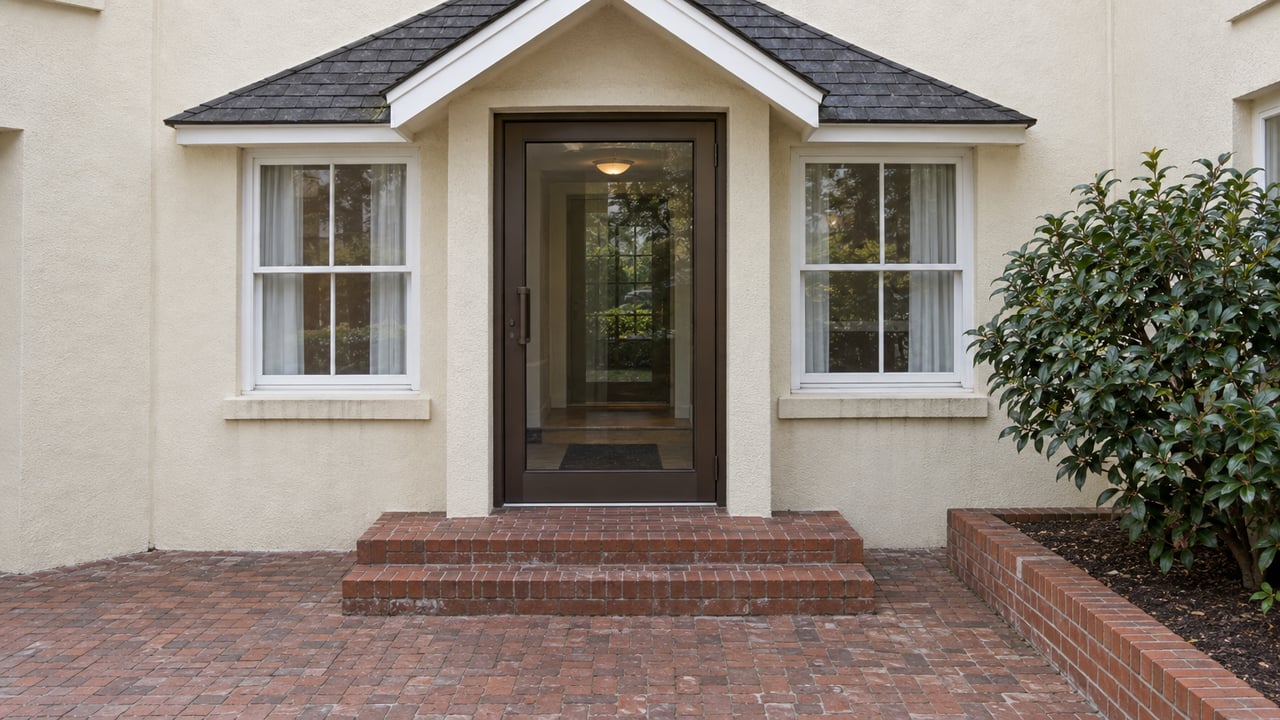 Cream stucco condominium entrance with a glazed bronze door, matching windows, worn brick steps and a camellia beside the courtyard.