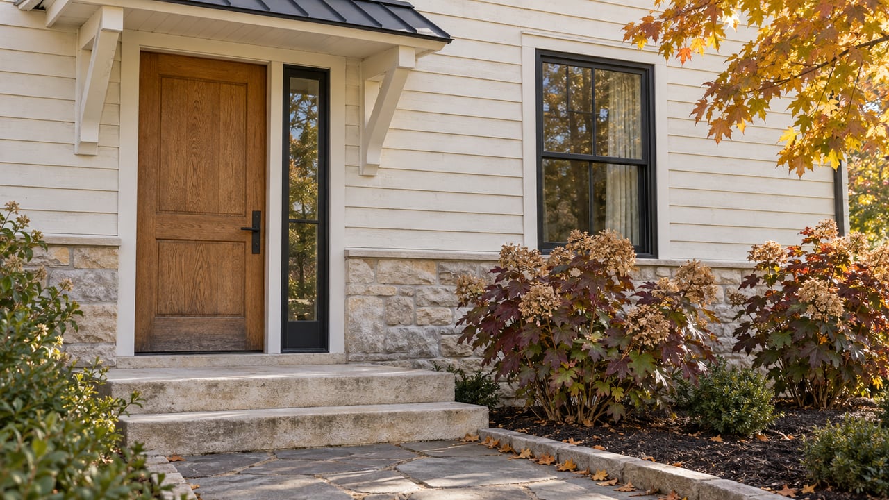 Pale clapboard home with an oak entry door, limestone steps and burgundy oakleaf hydrangeas in autumn daylight.