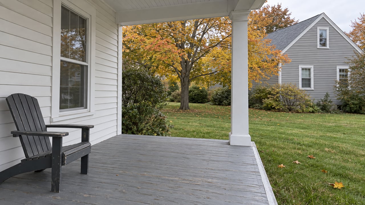 White cottage porch with weathered gray floorboards and a charcoal chair overlooking an autumn lawn and gray clapboard house.