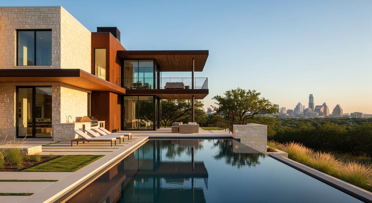 Modern stone-and-glass house beside a reflecting pool, with a city skyline in the distance.