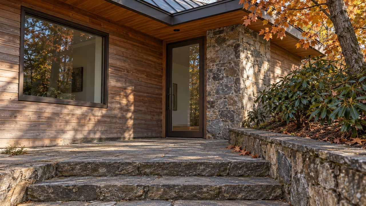 Late-autumn light crosses a cedar-and-stone home's covered entry, with flagstone steps and copper maple leaves.