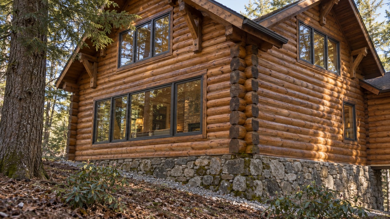 Two-story log lodge with grouped windows and a stepped fieldstone foundation on a wooded slope.