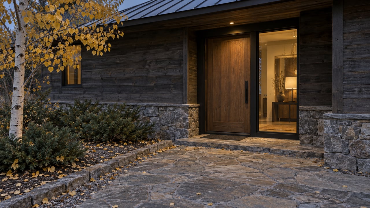 Mountain home entry with a warm-lit window, stone approach, dark timber siding, and a yellow-leaved aspen.