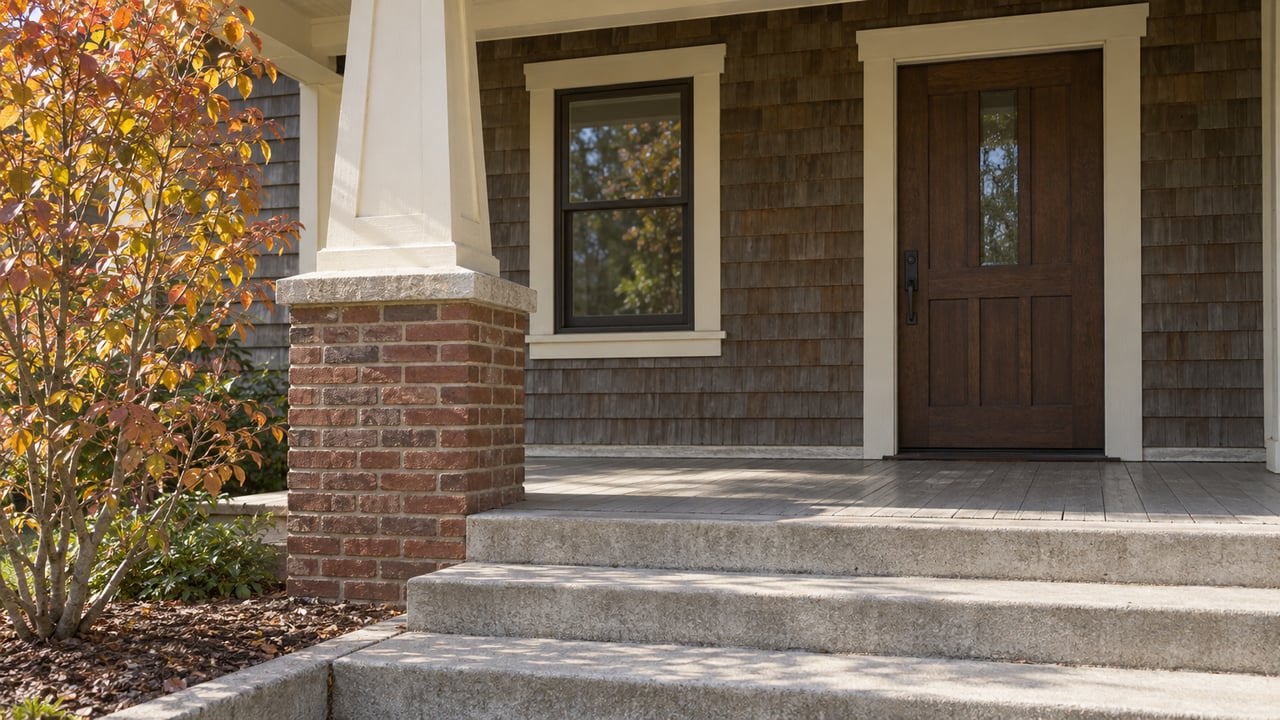 Close view of a covered home entry with concrete steps, a brick porch pier, ivory tapered post and weathered cedar shingles beside an amber-leaved serviceberry.