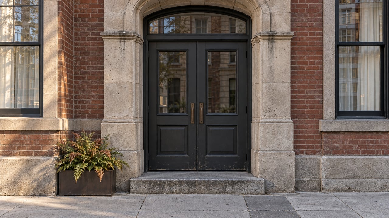 Paired charcoal entrance doors beneath a weathered limestone arch, with brickwork, a fern planter and a worn granite doorstep.