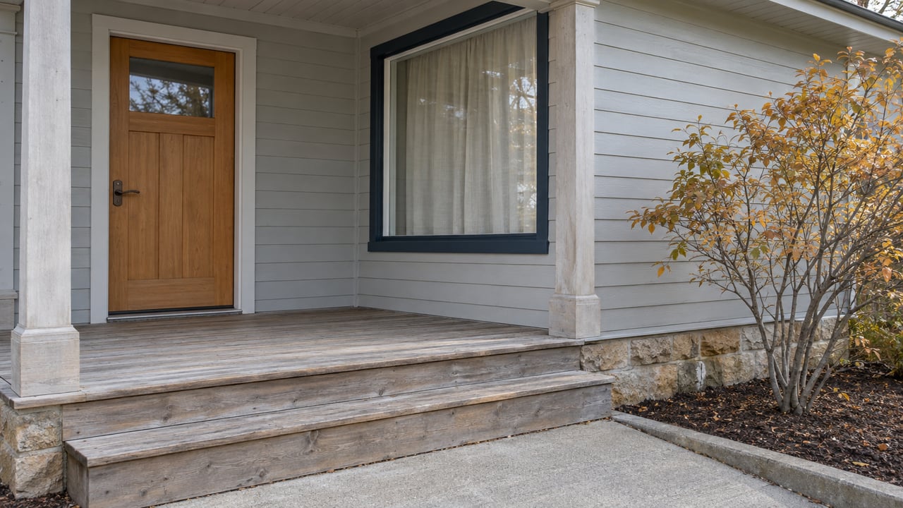 Covered entrance of a modest home with pale wood siding, a fir door, weathered porch boards and a sandstone foundation.
