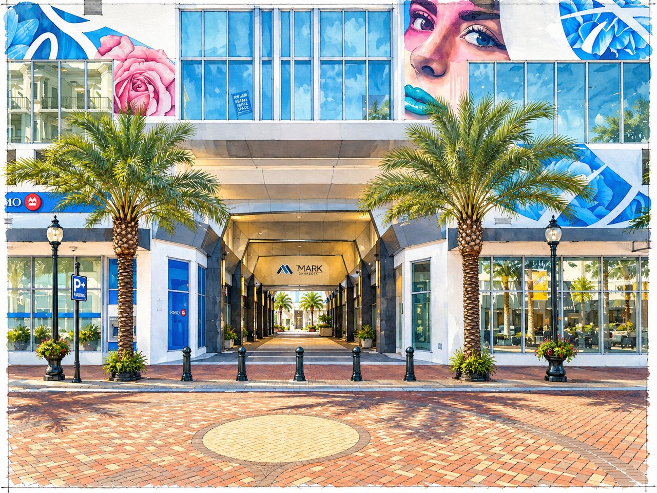 The Mark Sarasota entrance beneath colorful murals, with palm trees and a brick plaza.