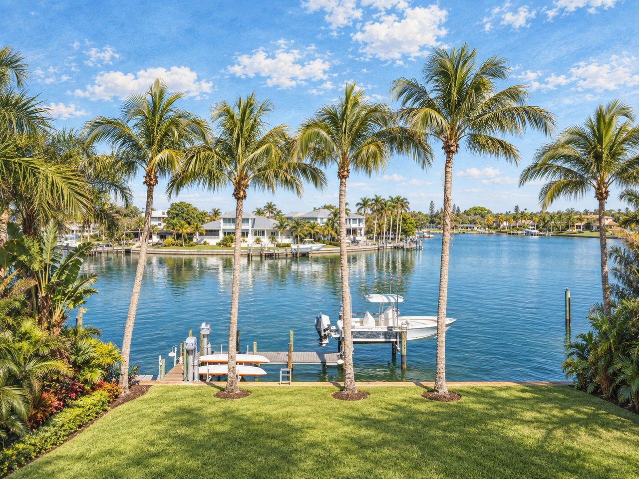 Palm-lined waterfront homes across a calm canal, with boats at private docks.