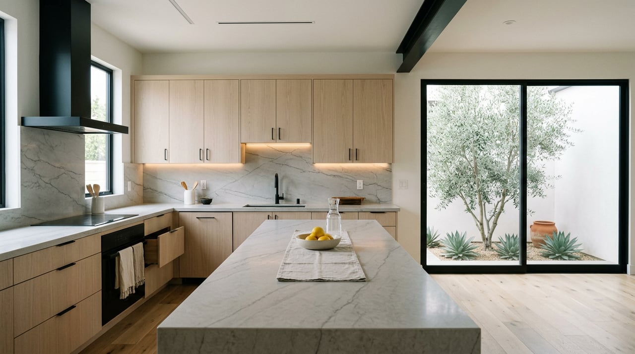 Modern kitchen with a quartz island, pale oak cabinets, and a steel-framed courtyard door beside an olive tree.