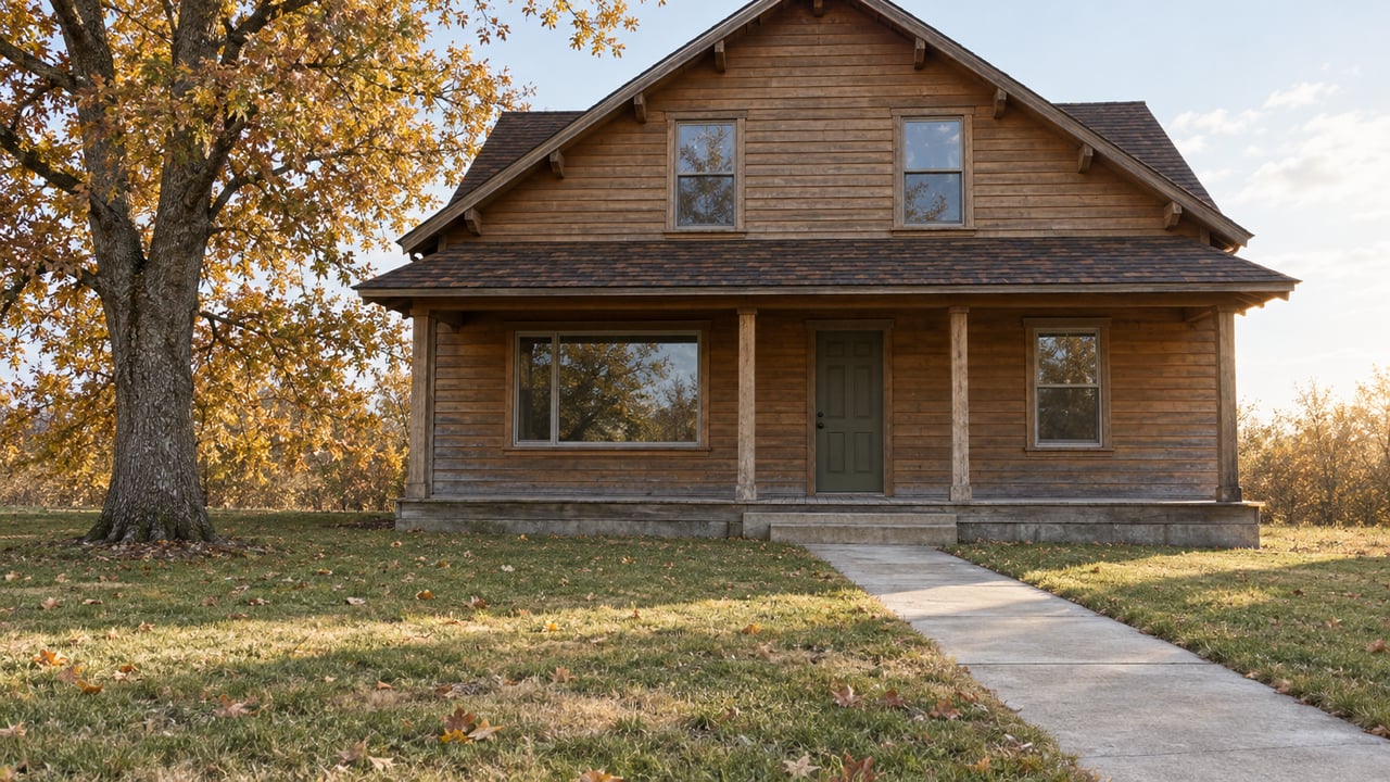 Autumn light on a cedar-sided home with an olive entry door, weathered porch, and a deep lawn beneath a copper-leaved oak.
