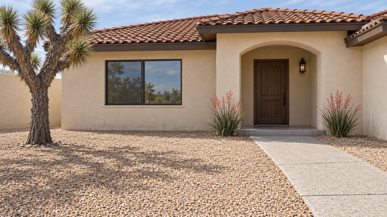 Warm-cream stucco home with a terracotta roof, arched entry, gravel front yard and a mature Joshua tree.