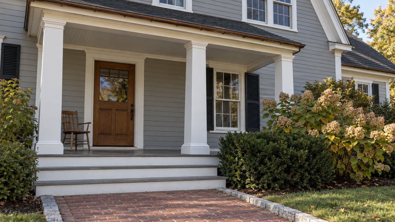 Gray clapboard home with white porch columns, a warm wood door and brick approach beside drying hydrangea flowers.
