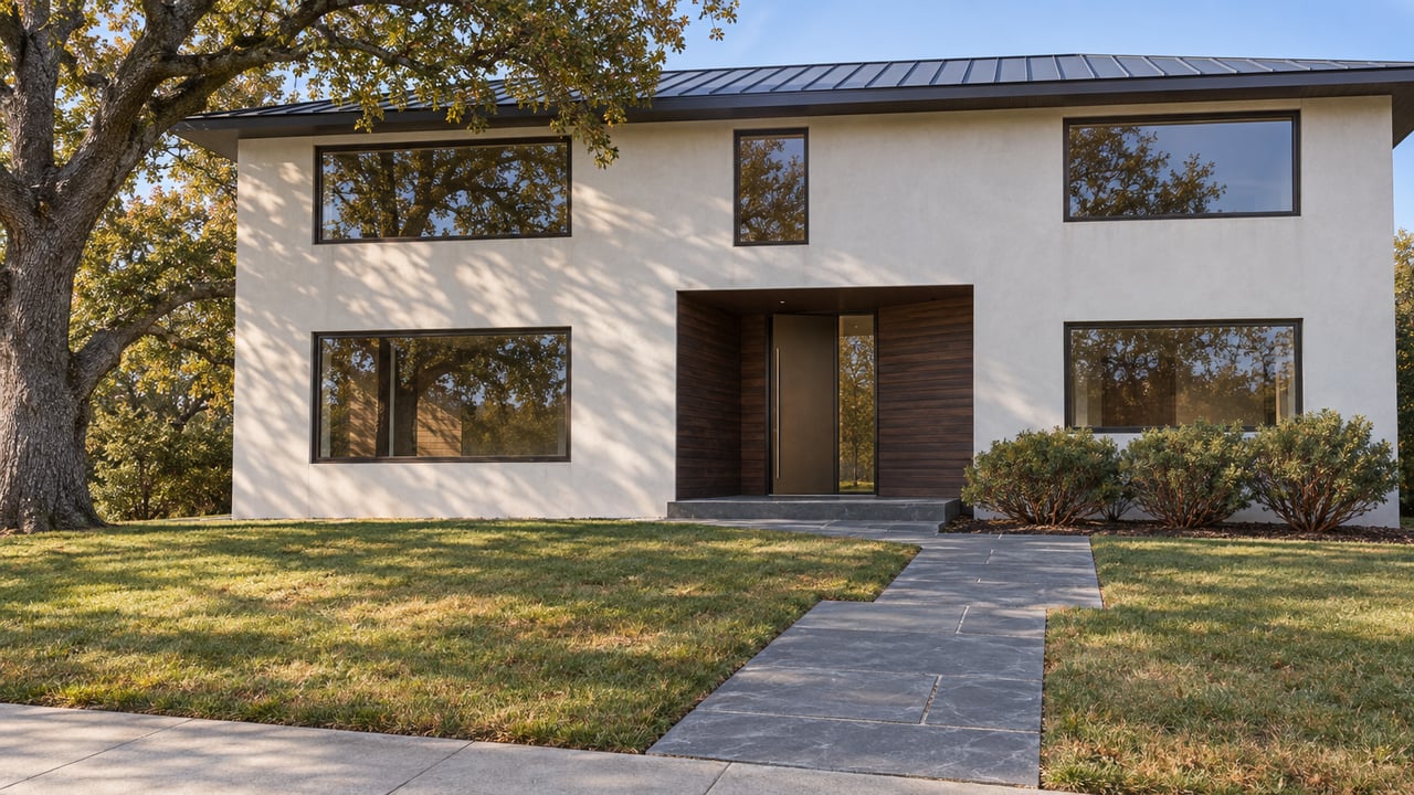 Contemporary two-story home behind a deep lawn, with dark bronze windows, a wood-lined entry, slate approach, and a mature live oak.