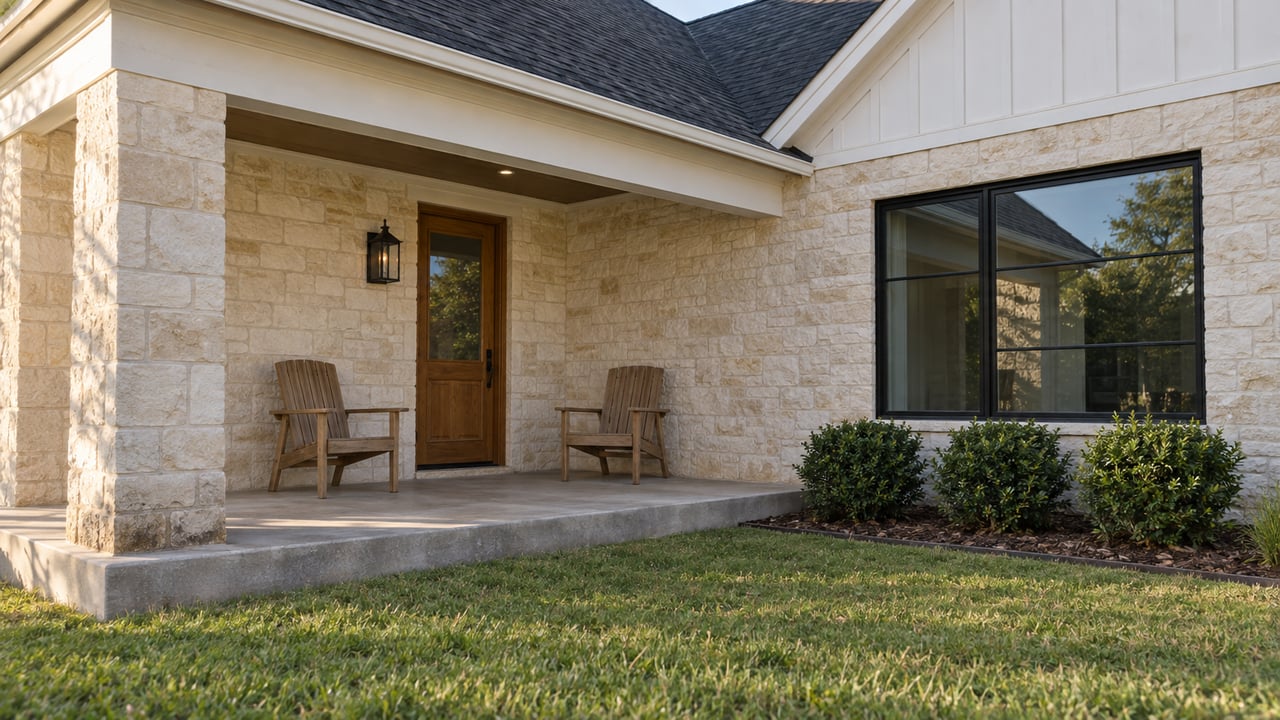 Limestone porch with a wood door, two oak chairs, white siding and a concrete step above a green lawn.