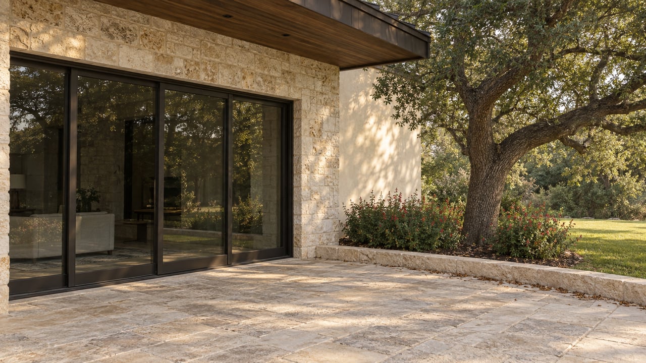 Limestone terrace beside bronze-framed glass doors, with a spreading oak over a planting bed and lawn.