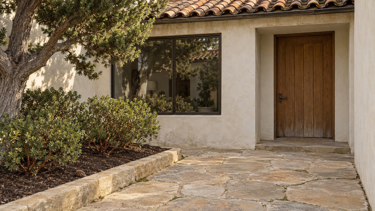 Elevated view of a sandstone entry court leading to an oak door in a cream stucco home, with terracotta roof tiles, a mature cypress and manzanita planting.