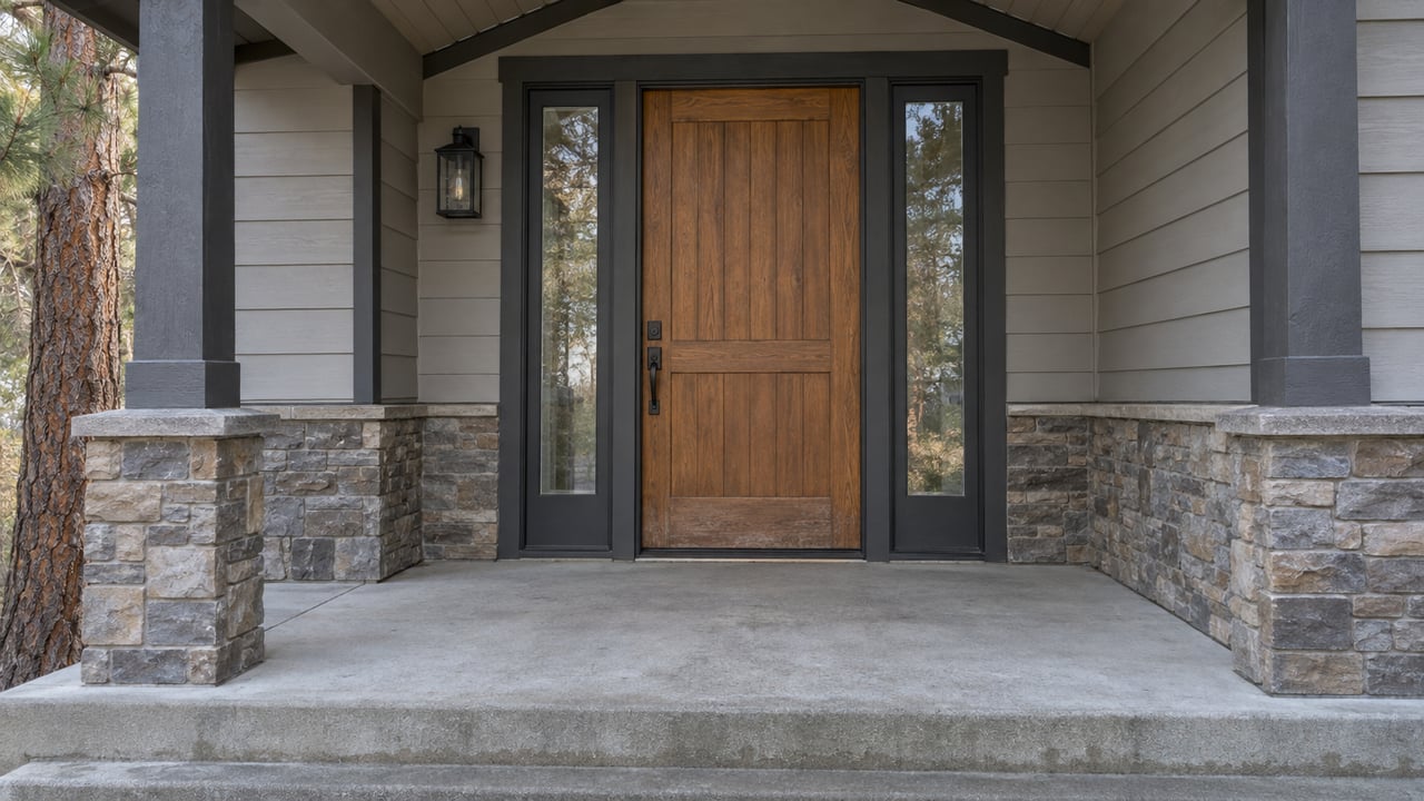 Covered entry with a stained wood door, paired sidelights, gray lap siding and stone accents in soft late-autumn light.