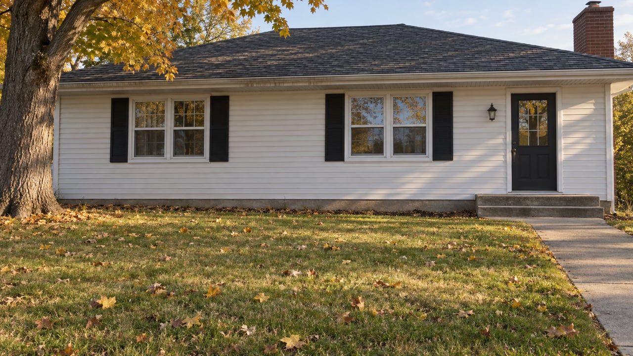 A modest white ranch house behind a deep autumn lawn, with a mature sugar maple, charcoal roof and concrete entry walk.