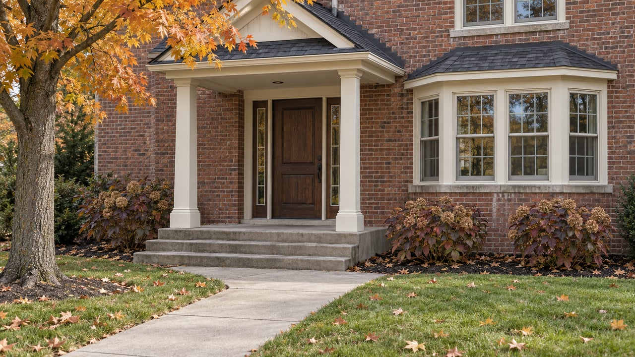 Autumn light on a red-brown brick home's covered entry, concrete approach, cream window frames and amber maple canopy.