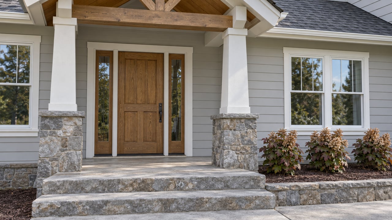 A covered home entrance with an oak door, glass sidelights, stone porch piers and broad stone steps beside autumn oakleaf hydrangeas.