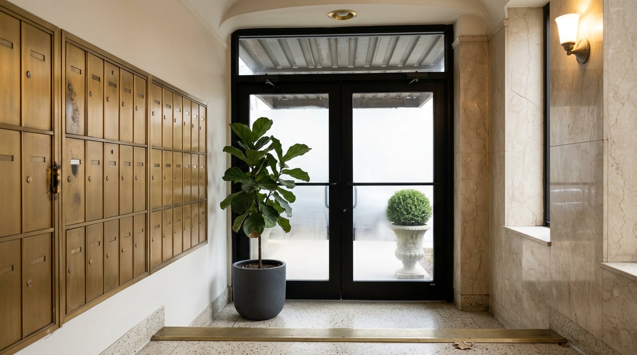 Brass mailboxes line a terrazzo-floored vestibule beside black-framed glass doors and a potted ficus.