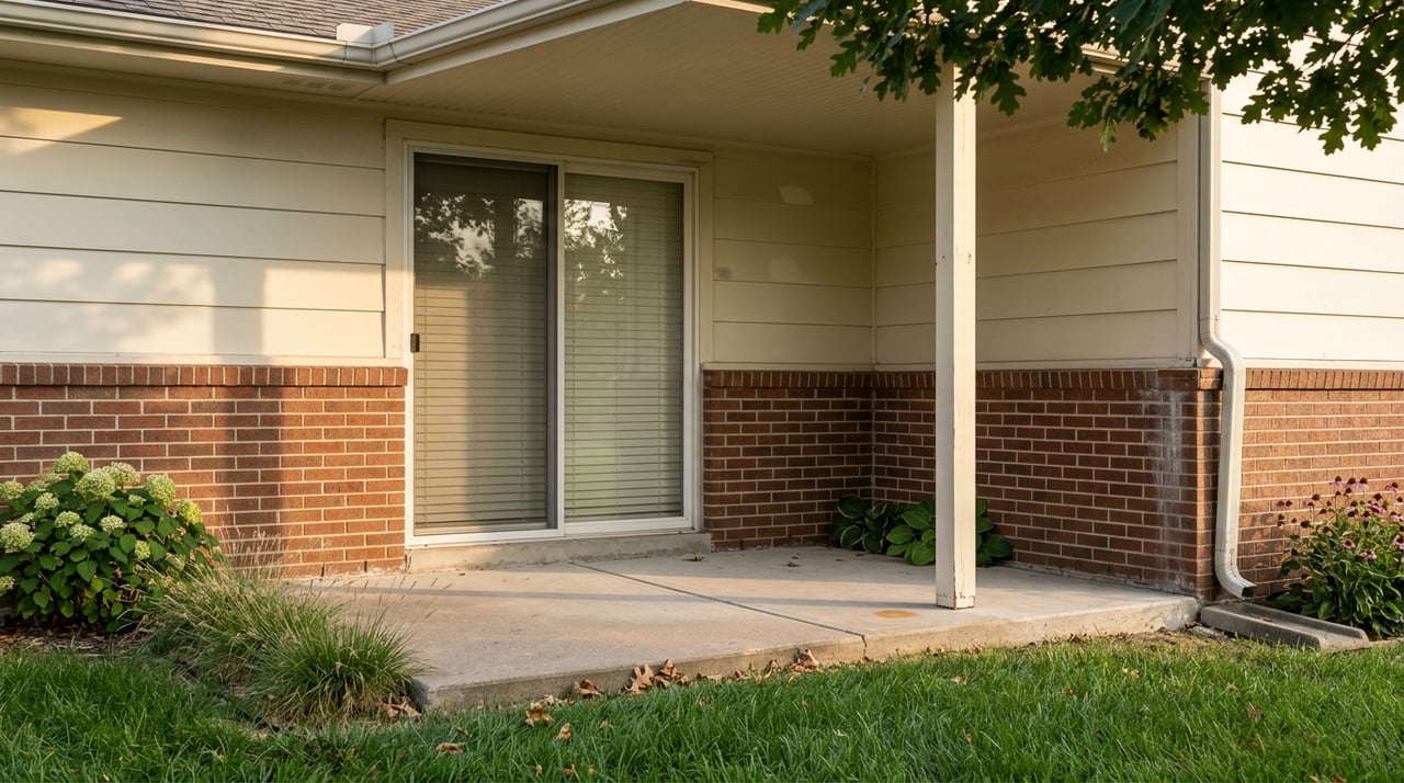 Backyard patio with a sliding glass door, red-brown brick wainscot, cream siding, and oak canopy.