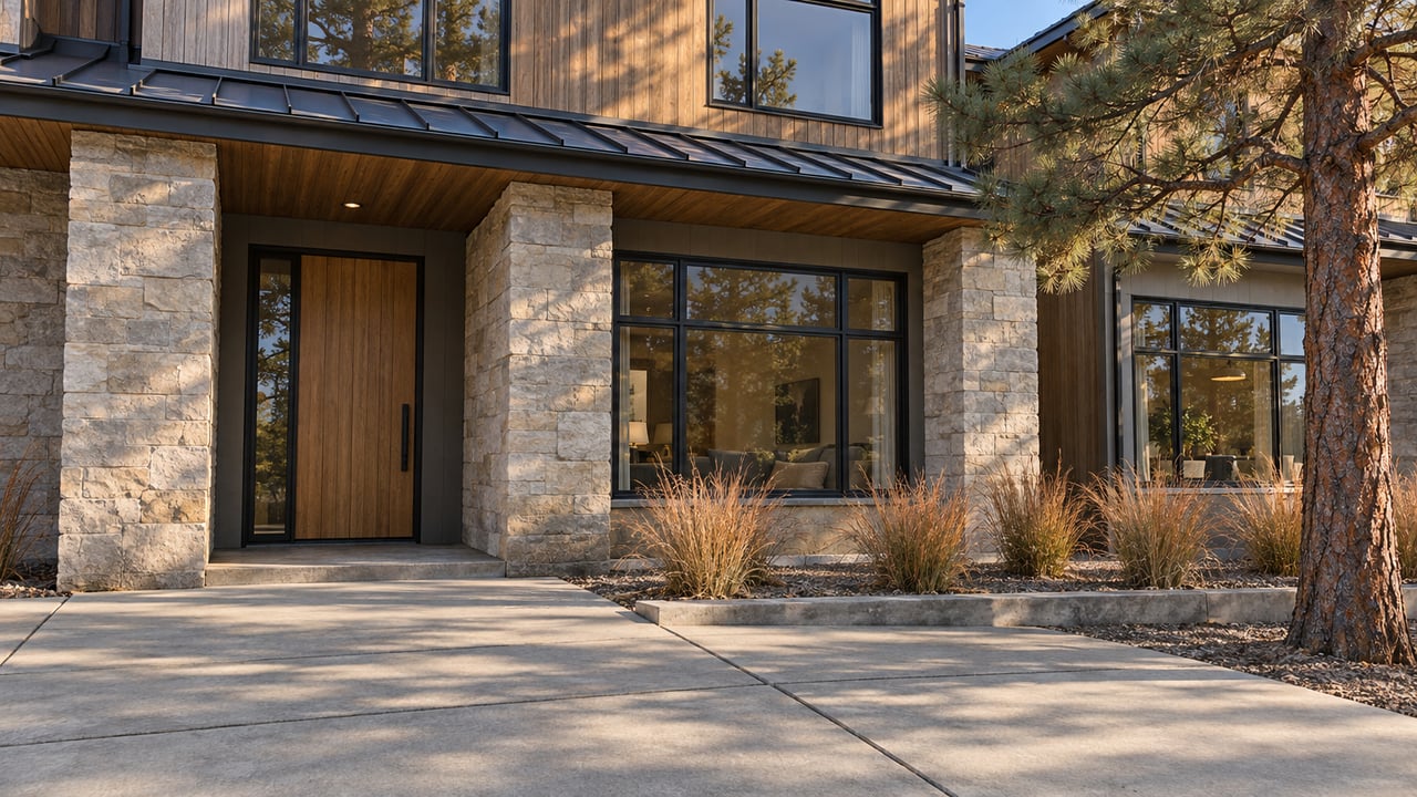 Sunlit attached-home entrance with sandstone piers, timber siding, large windows and bronze autumn planting beside a shared concrete approach.
