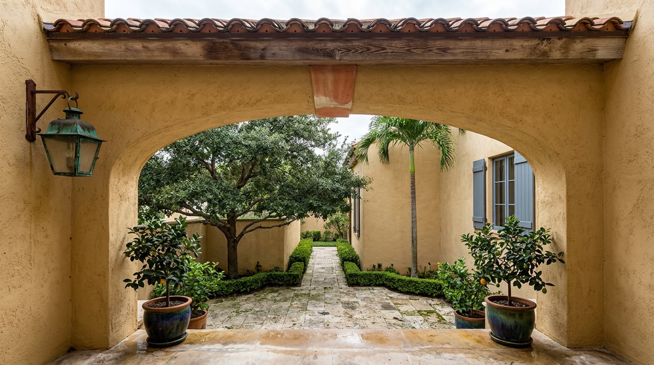 Loggia arch overlooking a coral-stone courtyard with clipped hedges, a broad live oak, and a royal palm.