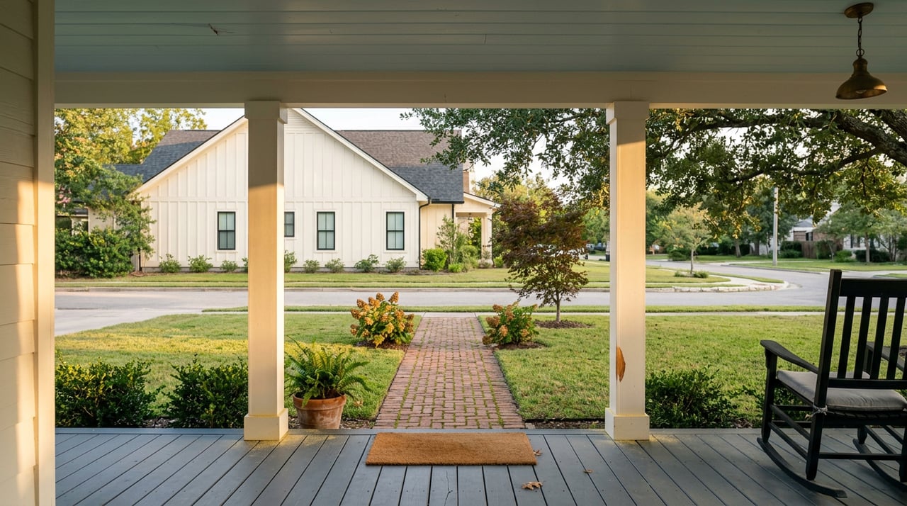Front porch with white columns overlooks a brick walkway, lawn, and live oak canopy.