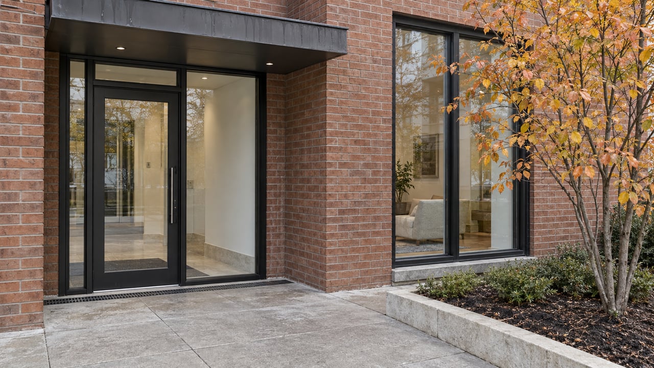 Warm brick condominium entrance with black-framed glazing, a pale stone approach and copper-yellow serviceberry leaves.