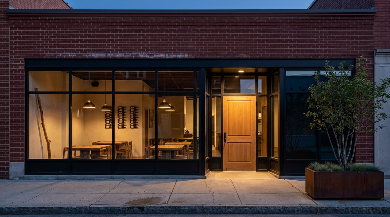 Storefront with warm-lit wooden tables, wine bottles, an oak door, and a tree in a metal planter.