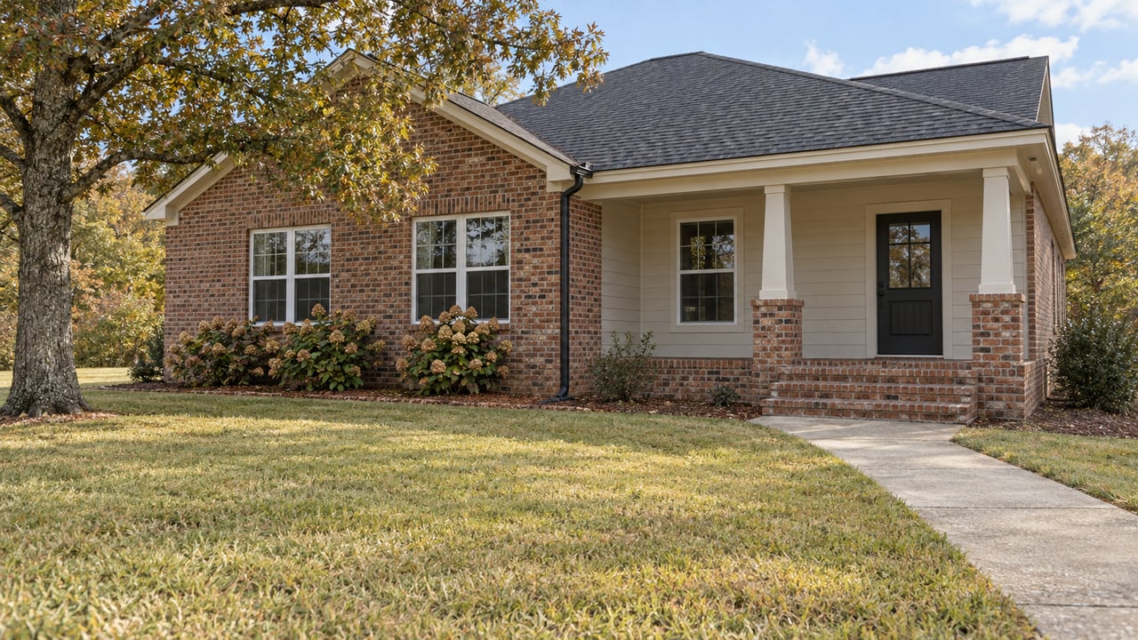 Brick and ivory-sided gabled home behind a broad autumn lawn, with a covered porch and a spreading oak.