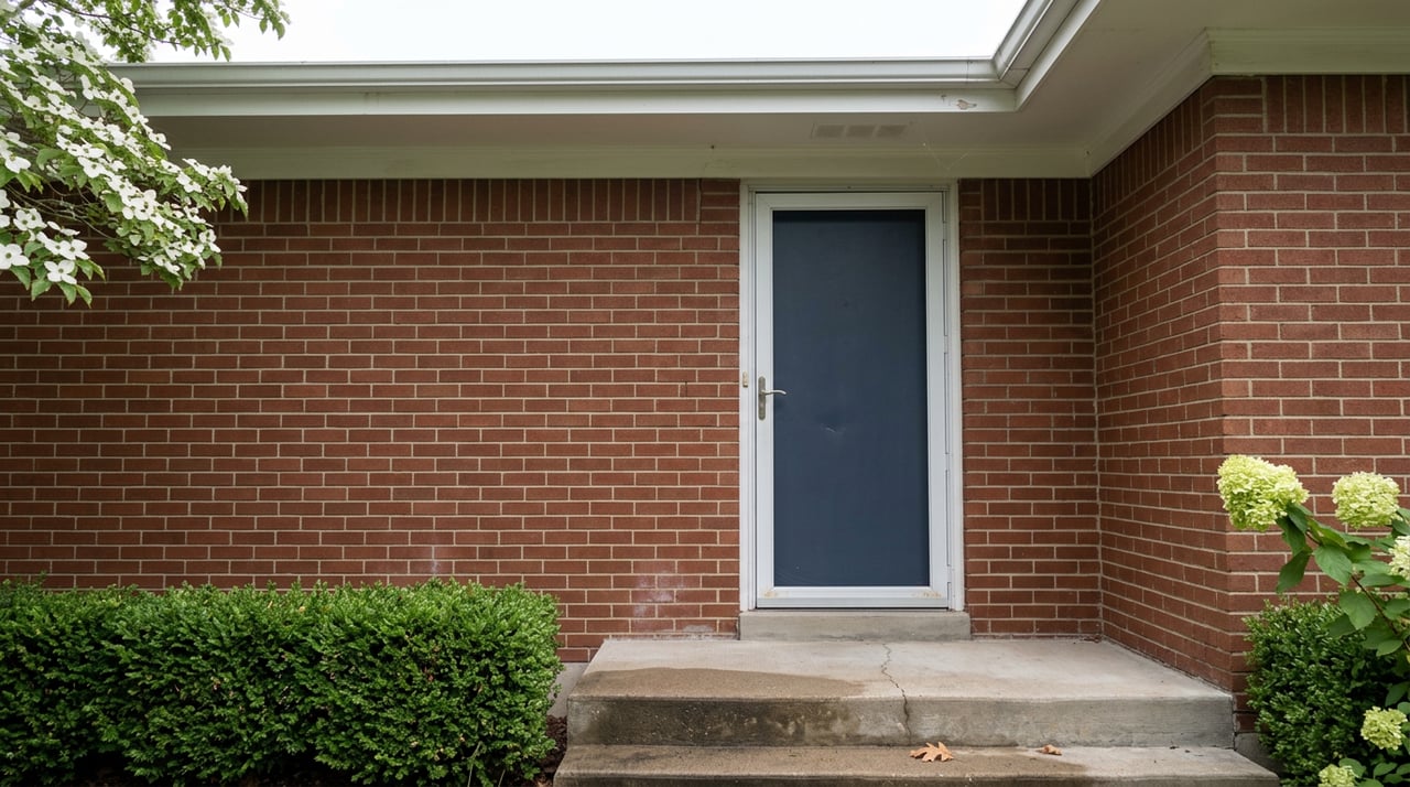 Brick house entry with a navy door, concrete steps, clipped hedge, and pale green hydrangea blooms.