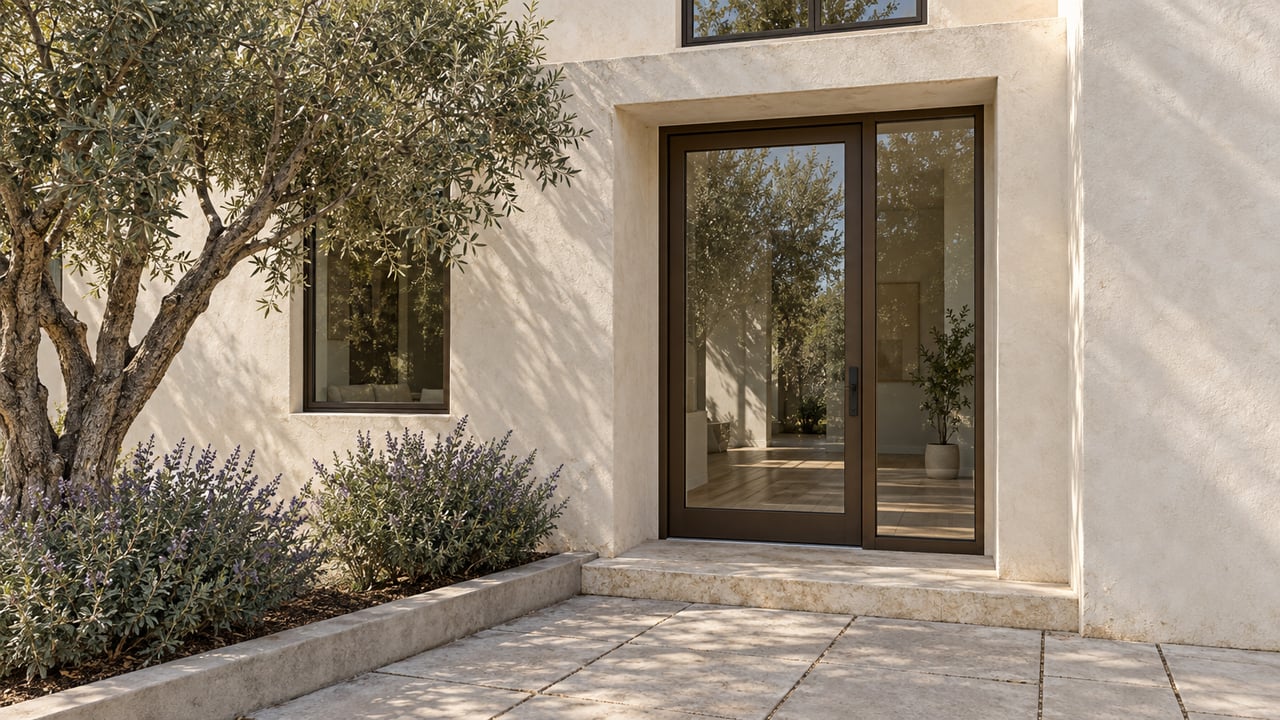 Off-white stucco house entrance with bronze-framed glass door, limestone step, and olive tree beside the path.