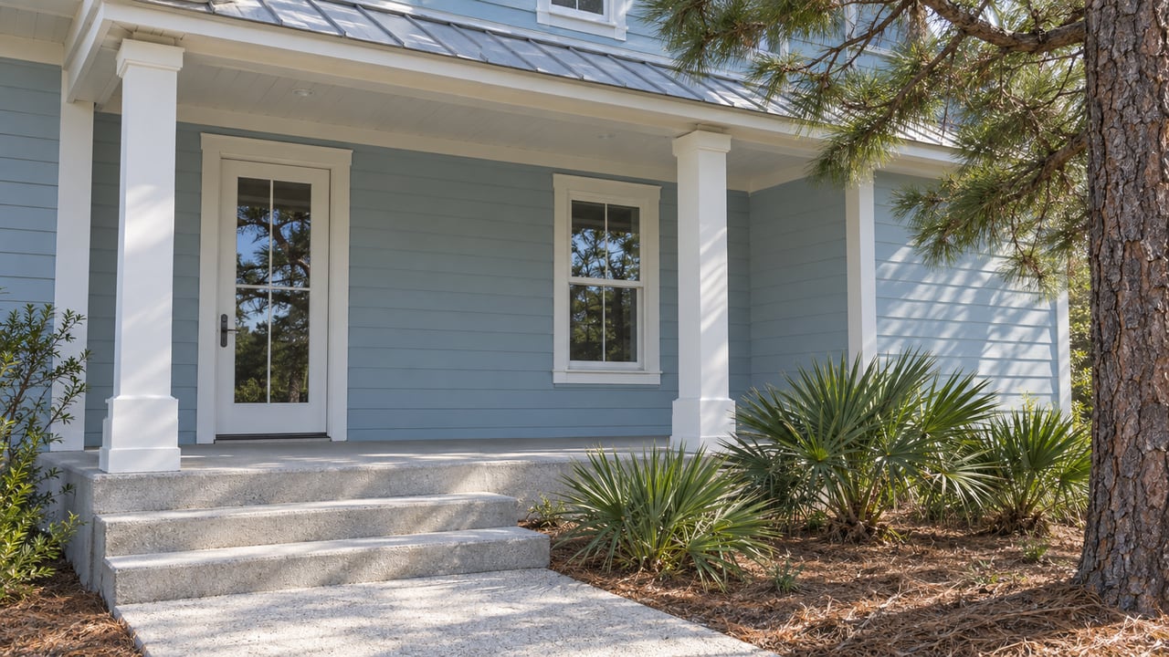 Pale blue cottage porch with white posts, concrete steps, a glazed entry door, and silver-green saw palmettos beside a mature pine.