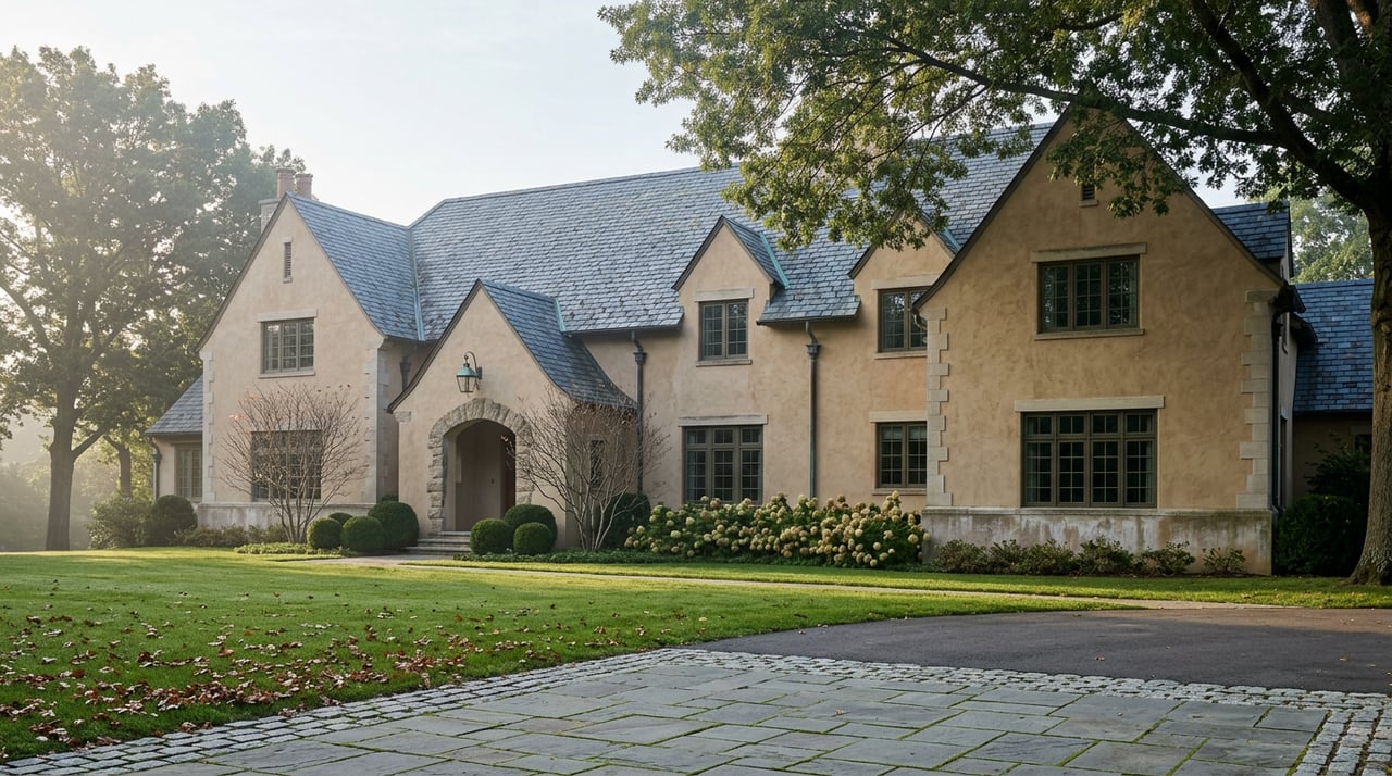 Stone-and-stucco estate with a slate roof, bluestone motor court, and mature trees framing the facade.