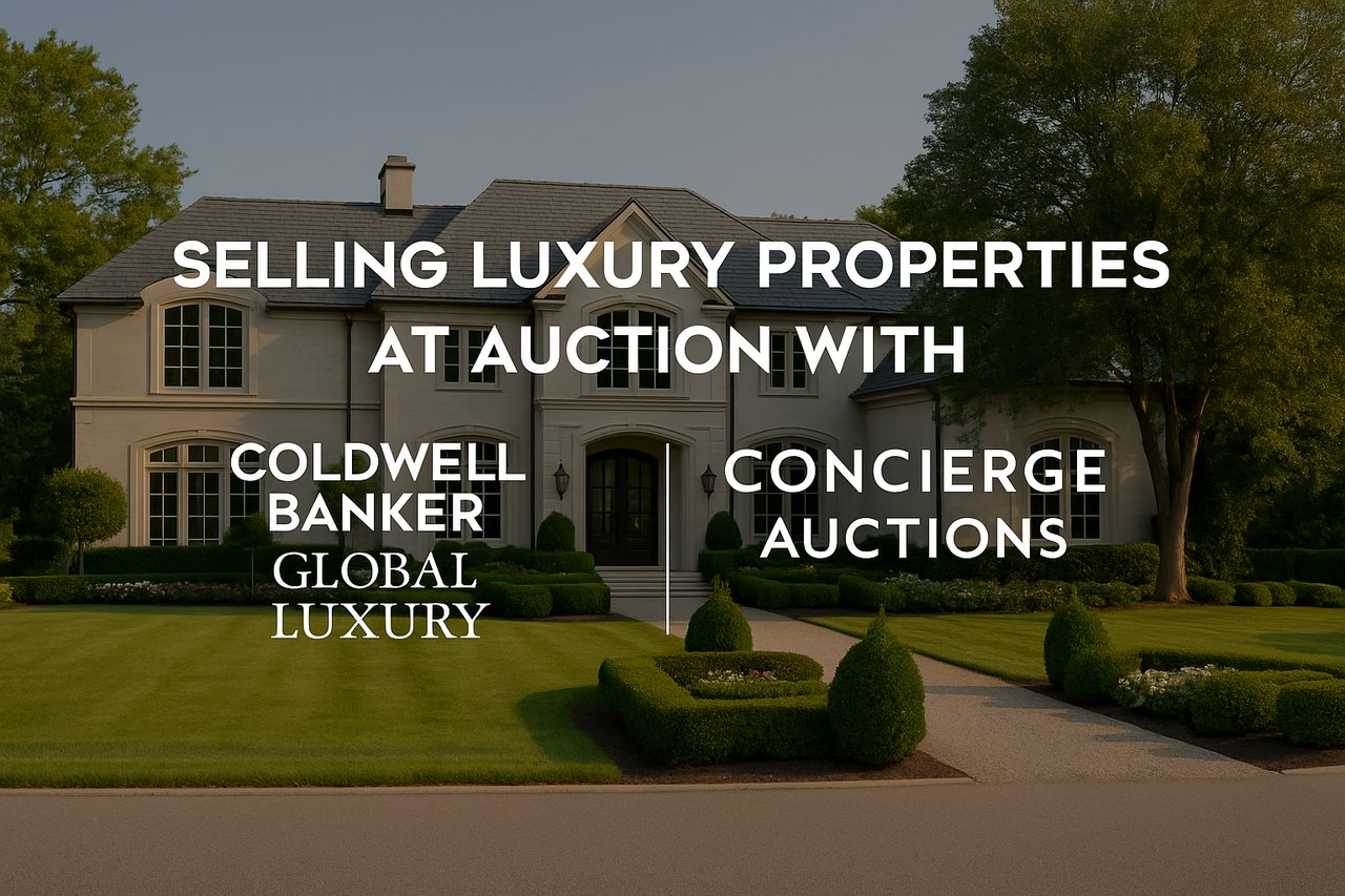 Luxury Greenwich, Connecticut estate with sweeping grounds, representing high-end auction marketing with Coldwell Banker Global Luxury and Concierge Auctions.