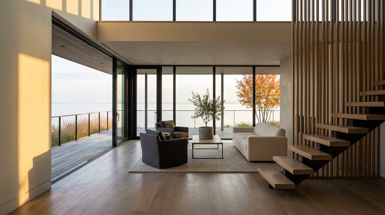Open-plan living room with a floating oak staircase, neutral seating, and glazed doors overlooking a covered deck and water.