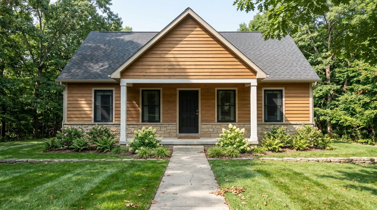 Two-story cedar-sided home with fieldstone porch base, white posts, and a concrete walk through lawn.