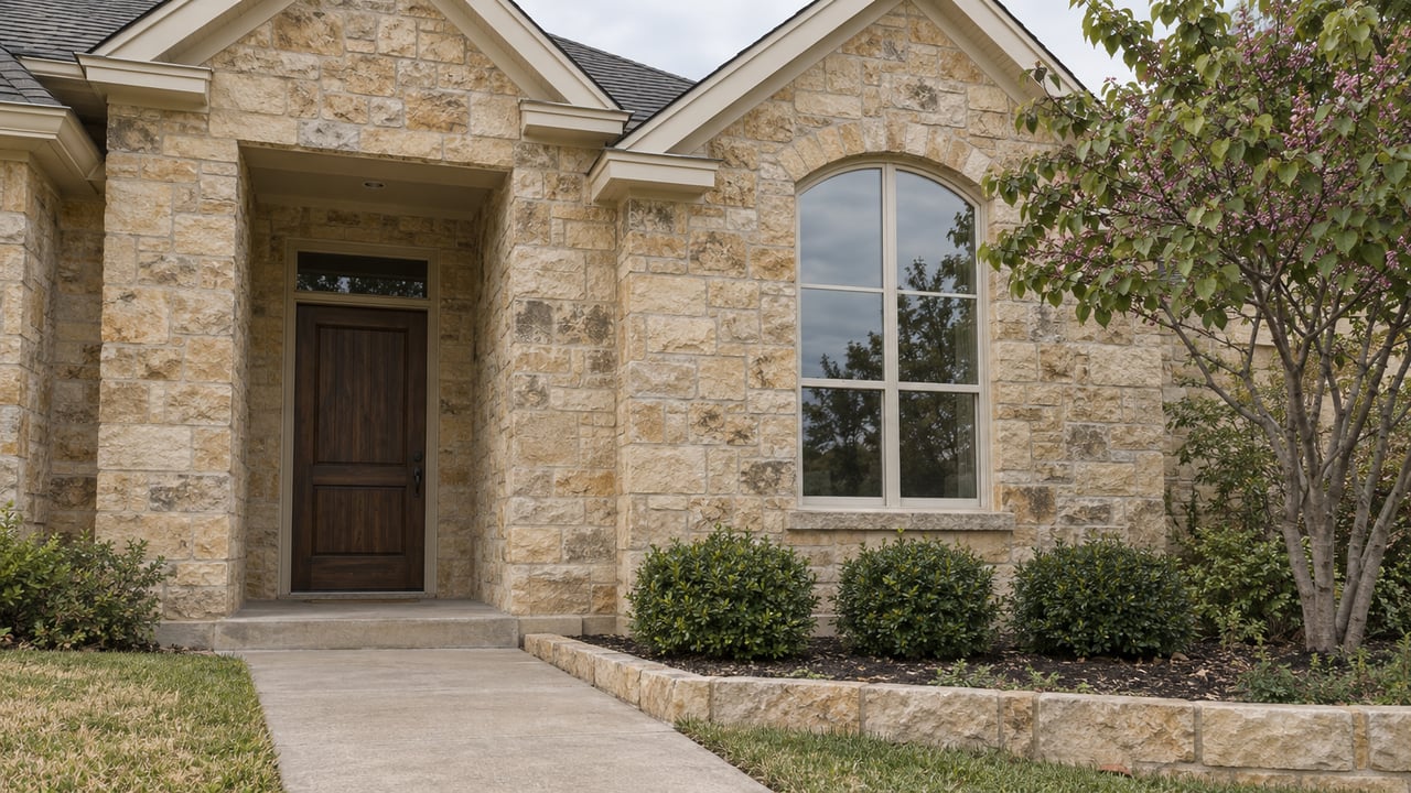 Honey-tan stone home entry with a walnut-toned door, arched window, raised planting bed and softly weathered concrete walk.