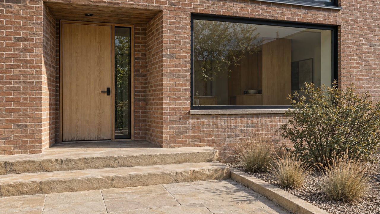 Sunlit brick home entry with a blond wood door, black-framed picture window, worn sandstone steps and autumn planting.