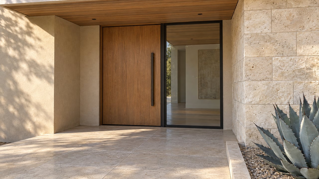 Recessed oak entry door with black-framed sidelight, limestone pier and broad stone landing beside a blue-gray agave.