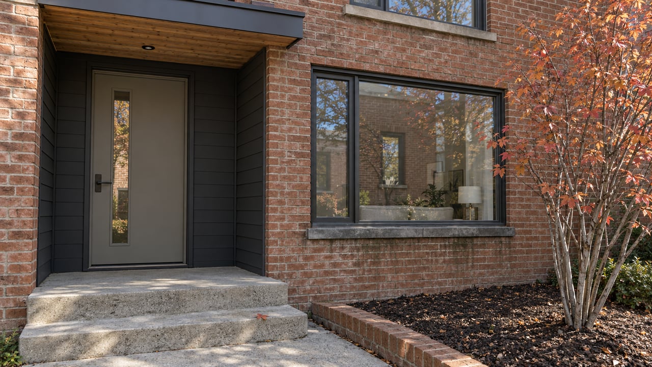 Autumn sunlight on a brick home's recessed entry, concrete stoop and copper-leaved serviceberry.