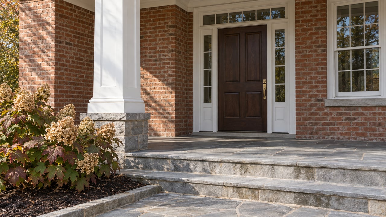 Red-brick home entry with white timber porch column, paired door sidelights, slate steps and oakleaf hydrangeas.