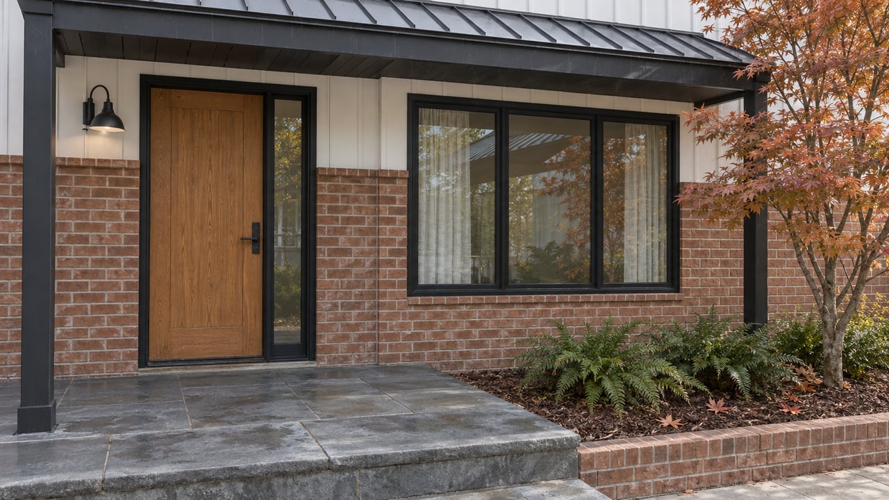 Sunlit brick and white-sided home entry with an oak door, black-framed window and copper-leaved Japanese maple.
