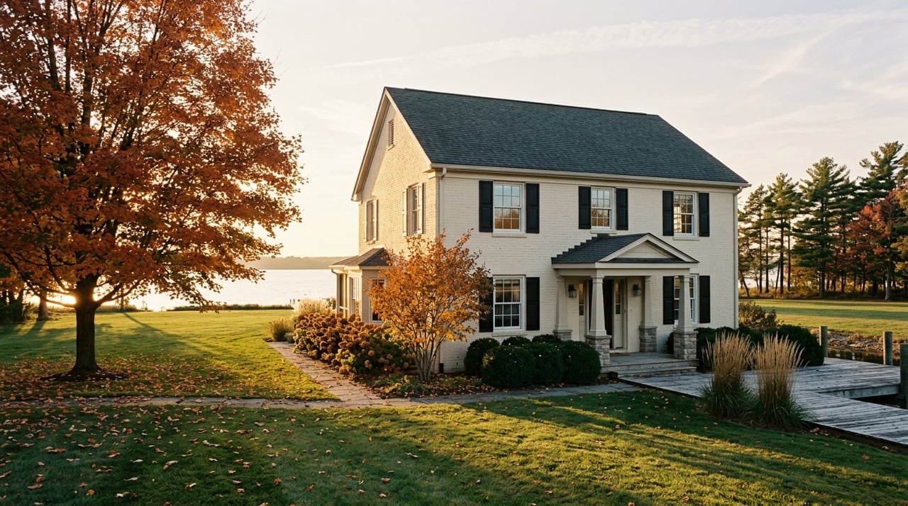 Ivory brick waterfront home beyond a leaf-strewn lawn, with an orange-red maple and weathered dock beside the water.