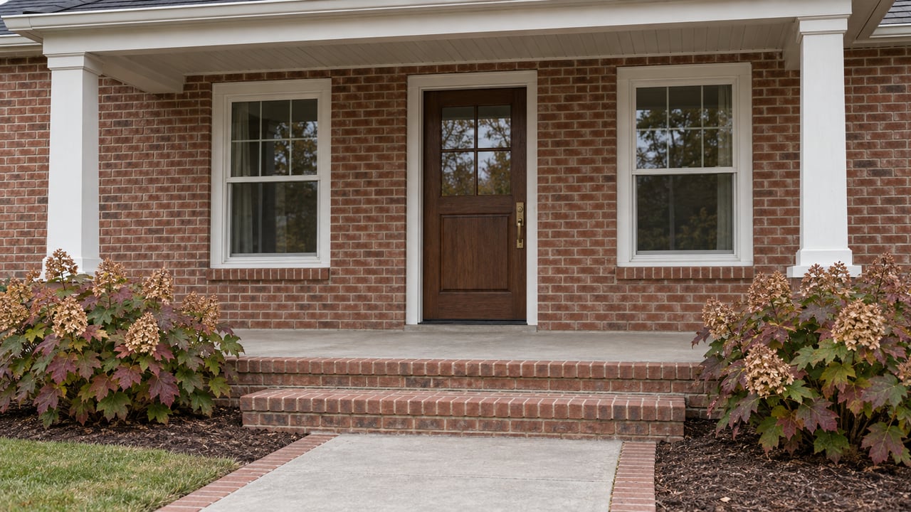 Updated red-brown brick home with a sheltered oak front door, white-trimmed windows, broad brick steps and oakleaf hydrangeas.