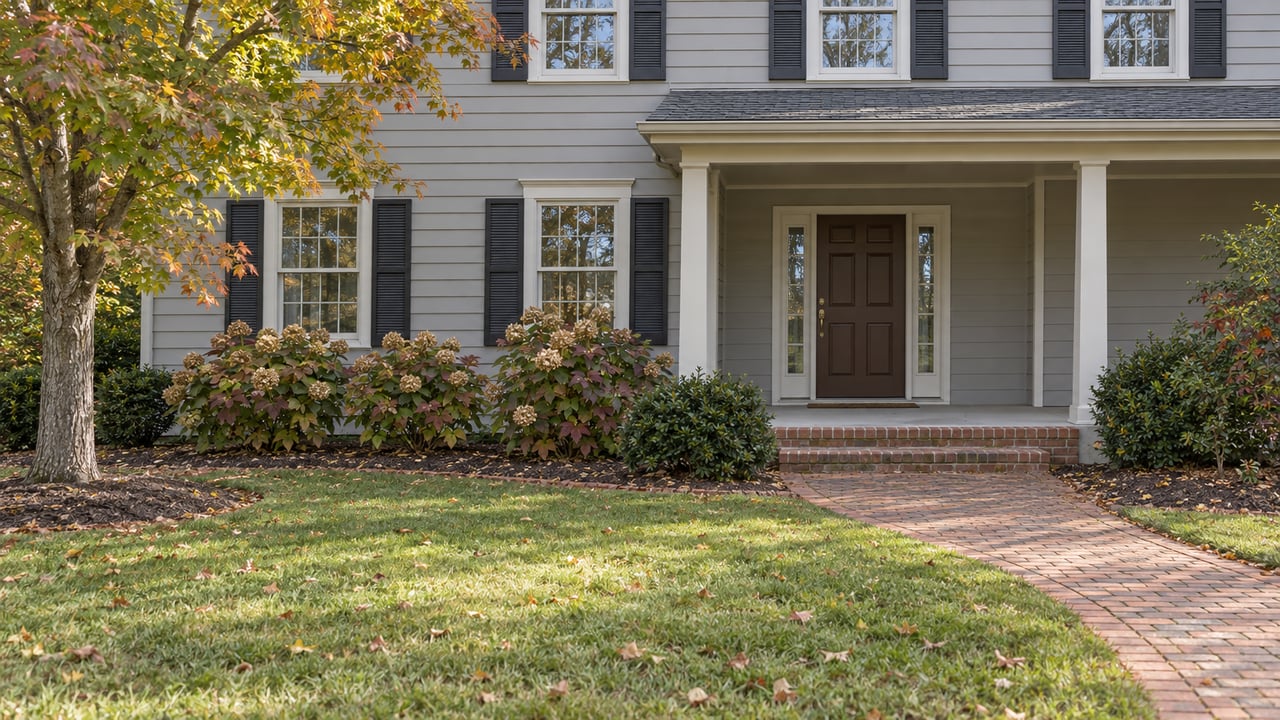 Light-gray traditional home with a brick approach, broad autumn lawn, oakleaf hydrangeas and a mature maple.